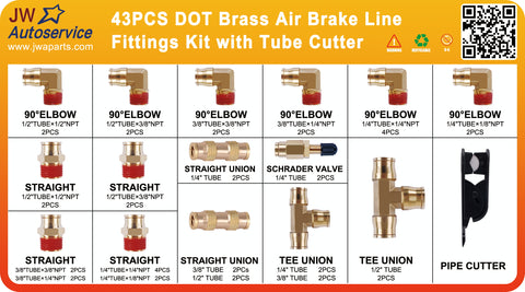 GA-RP-DOT-43 43 PCS Brass DOT Air Brake Line Fittings, 1/4" 3/8" 1/2" Push to Connect Fitting