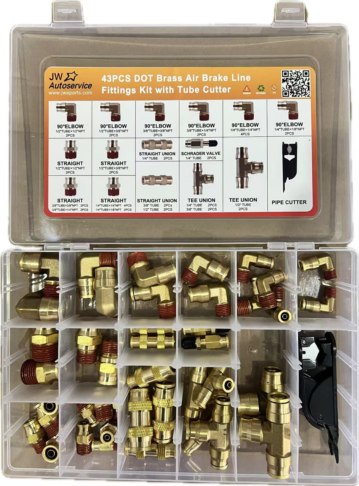 GA-RP-DOT-43 43 PCS Brass DOT Air Brake Line Fittings, 1/4" 3/8" 1/2" Push to Connect Fitting