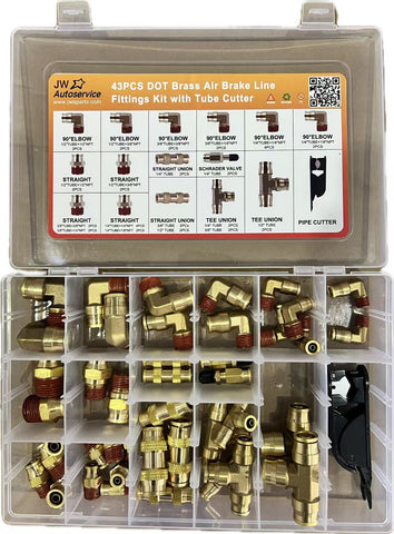 GA-RP-DOT-43 43 PCS Brass DOT Air Brake Line Fittings, 1/4" 3/8" 1/2" Push to Connect Fitting
