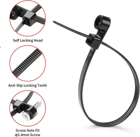 GA-ZT-201 100 PCS Black Zip Ties with Screw Hole Mountable Head Cable Ties S 6"INCH-(5MM-WIDTH)