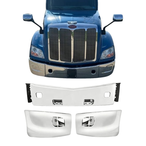 GA-PE-011B Peterbilt 579 3 PCS Plastic Chrome Plastic Bumper Set without Fog Light Hole 2013 2014 2015 2016 2017 2018 2019 2020 2021 2022
