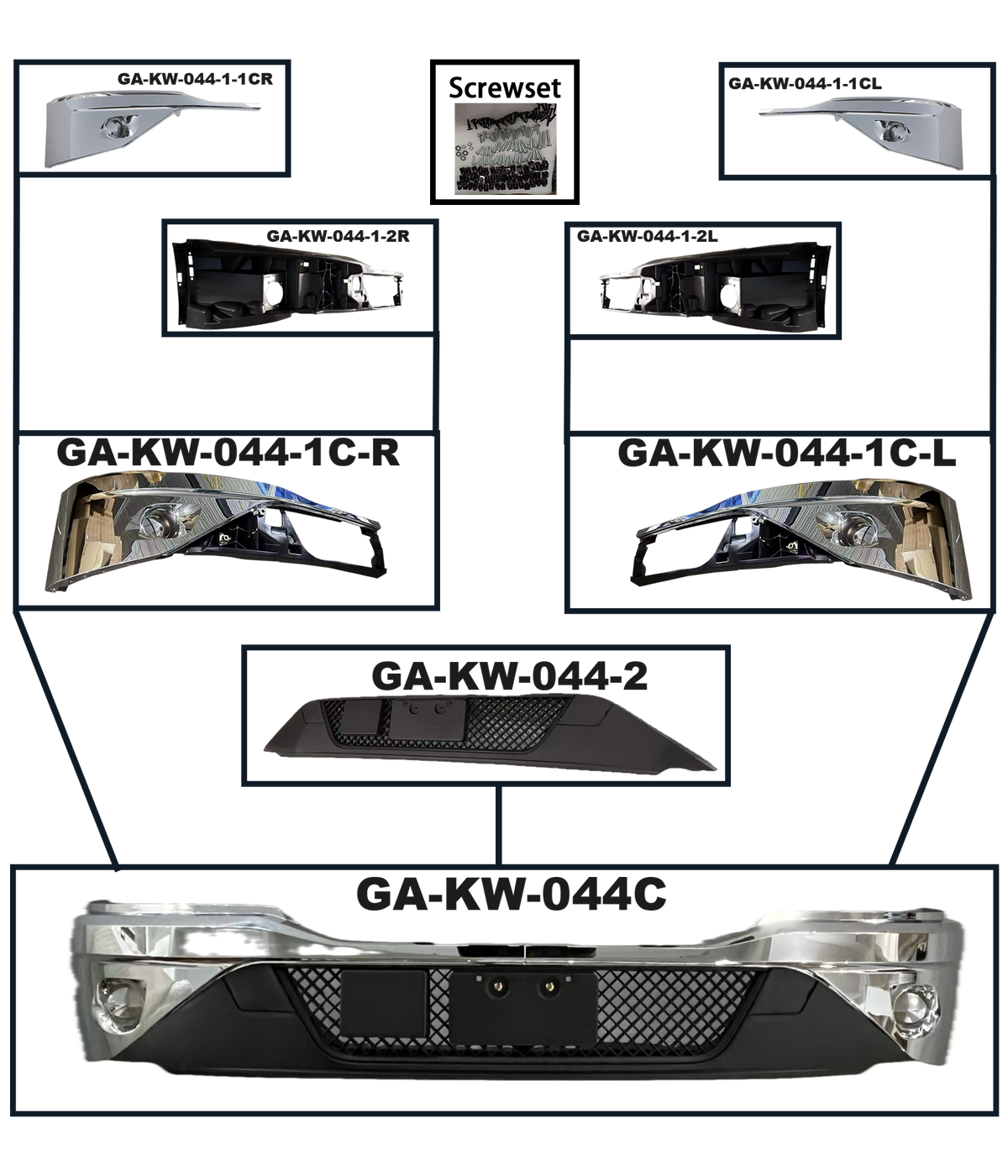 GA-KW-044C Front Bumper Chrome W/O Fog Hole for Kenworth T680 New Gen 2022 2023 2024 2025