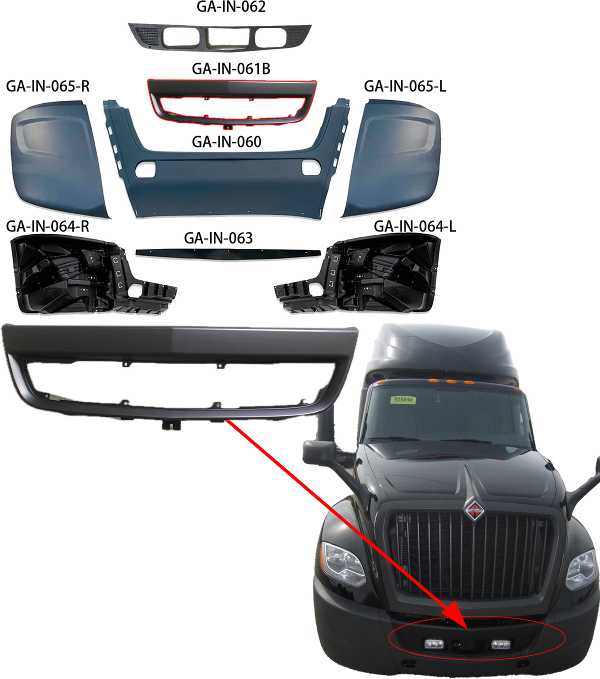 GA-IN-061B Center bumper Trim Black For INTERNATIONAL LT625 2018 2019 2020 2021 2022 2023 2024