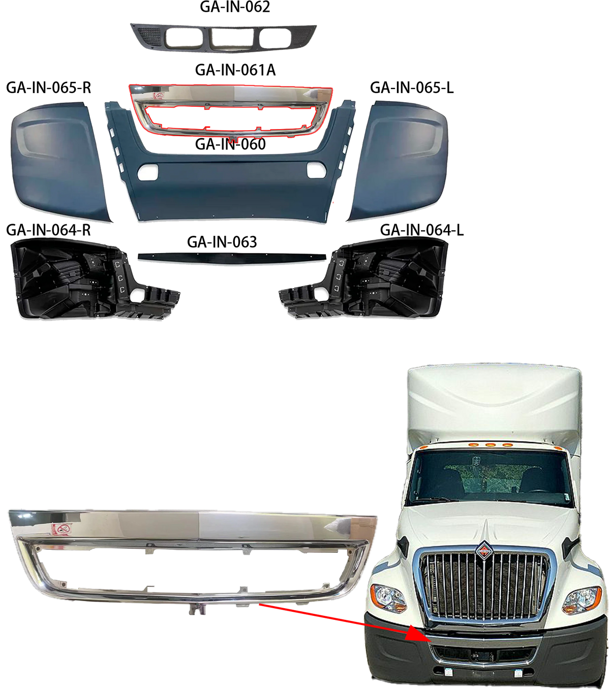 GA-IN-061A Center bumper Trim Chrome For INTERNATIONAL LT625 2018 2019 2020 2021 2022 2023 2024