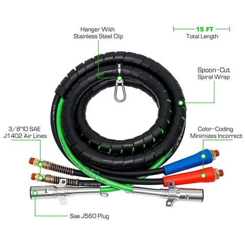 GA-RP301-15-B 15Ft 3 in 1 ABS & Air Power Line Hose Kit Wrap 7 Way Electrical Cable and Airlin