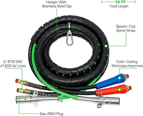 GA-RP301-12-B 12Ft 3 in 1 ABS & Air Power Line Hose Kit Wrap 7 Way Electrical Cable and Airlin